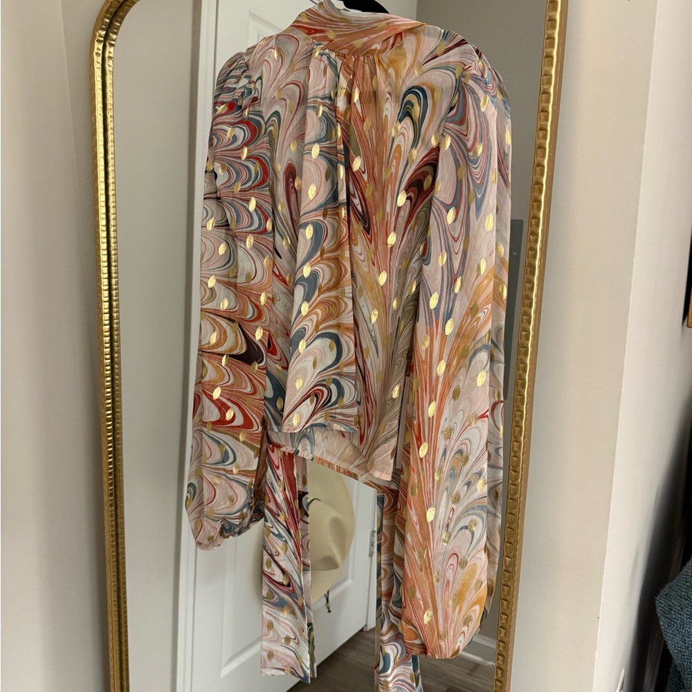 Never Fully Dressed Multicolor Swirl Blouse with Gold Dots